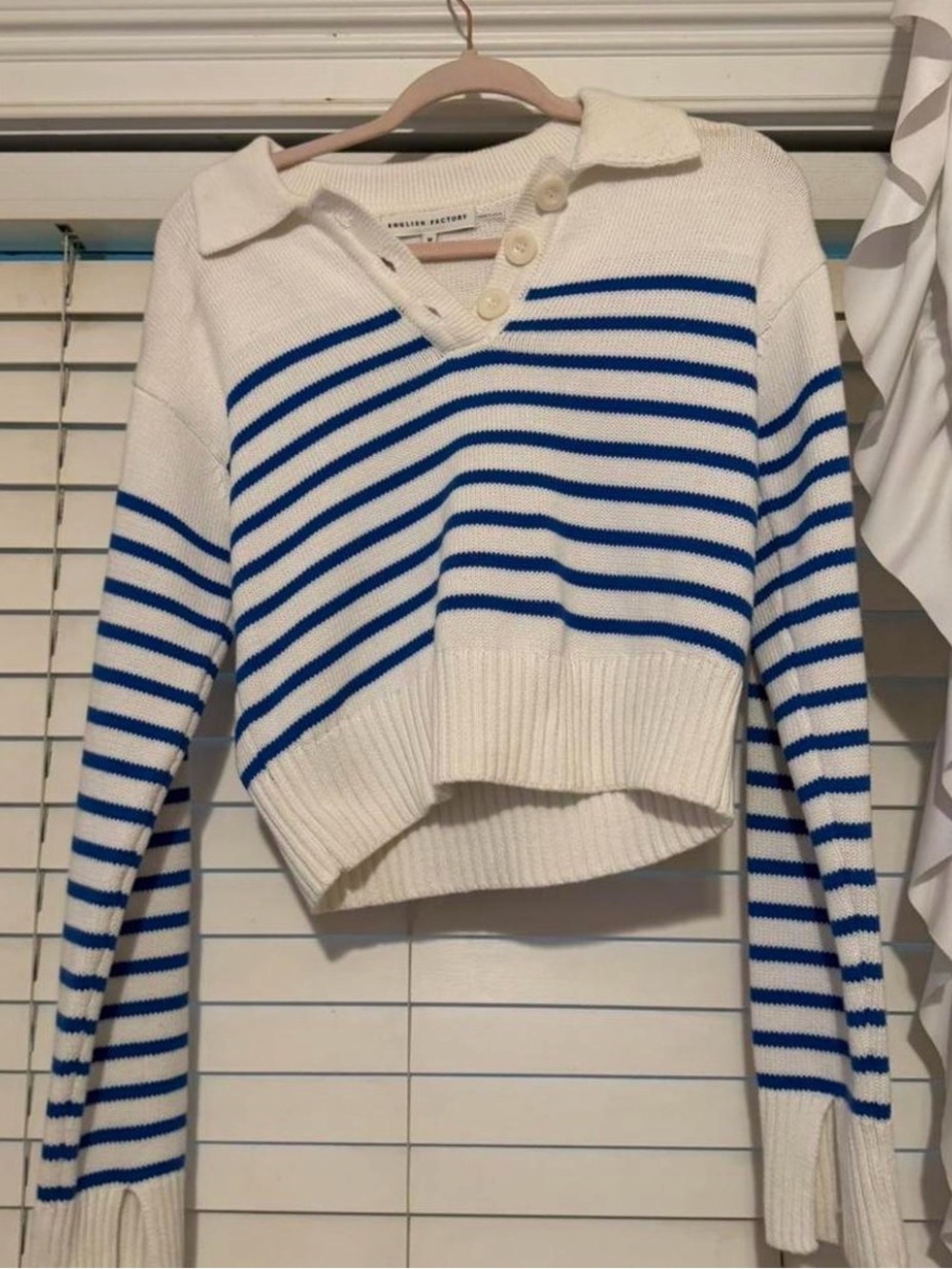 English Factory White and Blue Striped V-Neck Cropped Sweater